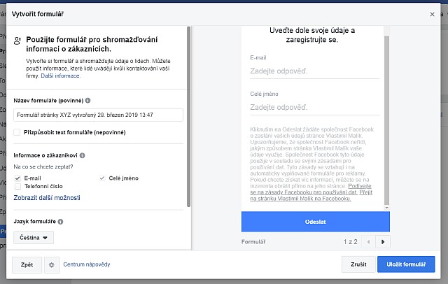 nastavení reklamy na FB