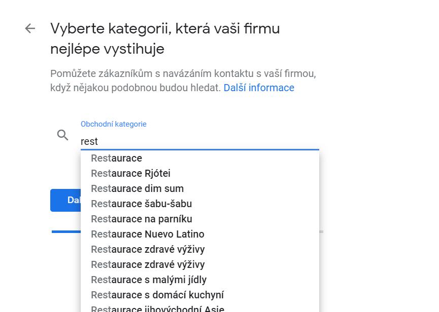 Google my business - obchodní kategorie