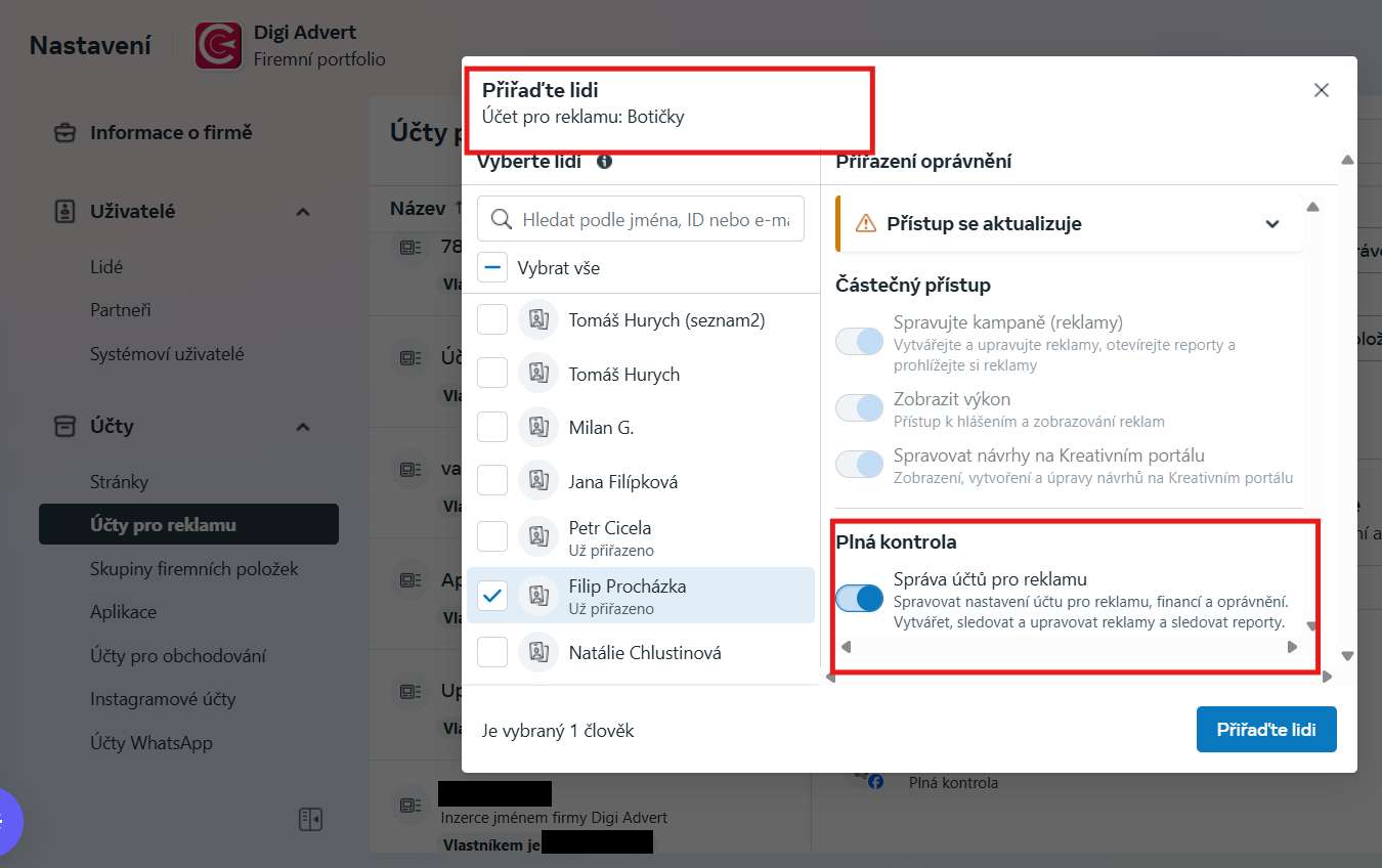 Změna názvu reklamního účtu v BM