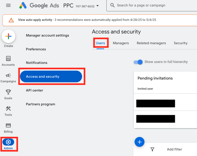 Sharing Google Ads account