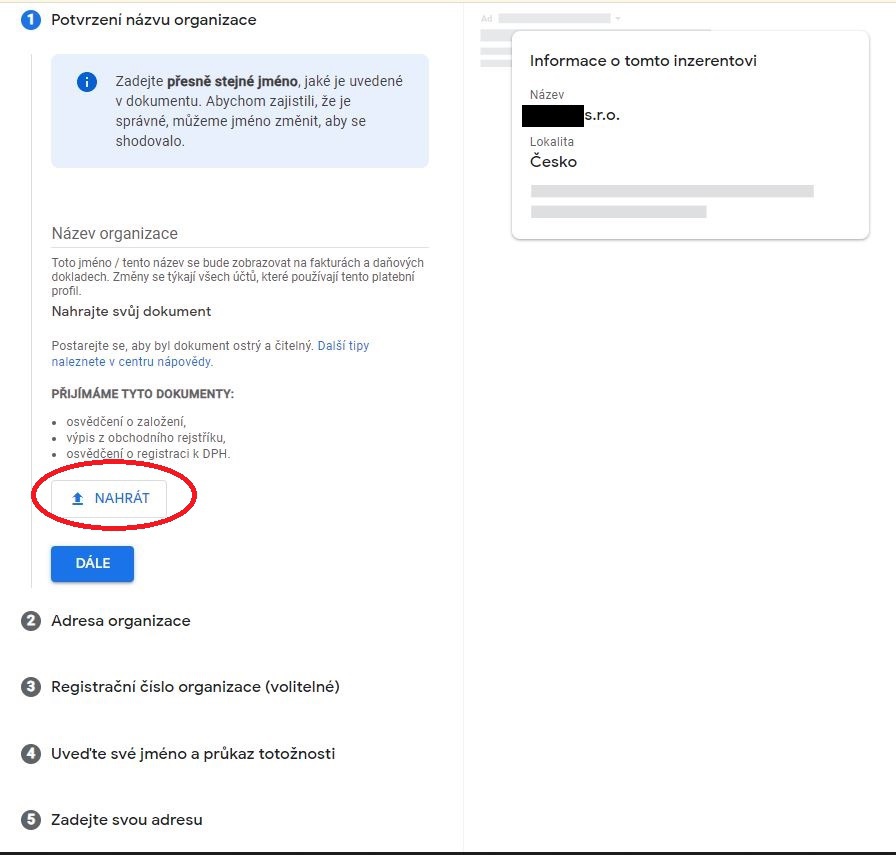 Ověření inzerenta Google Ads